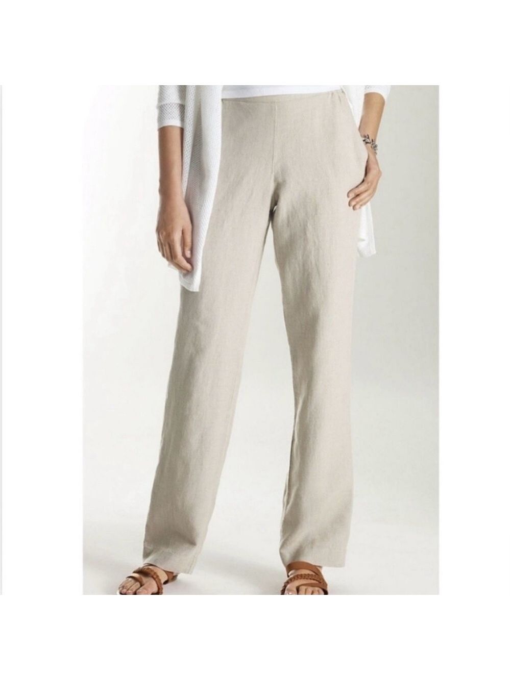 J. Jill Linen Straight Leg Pull On Pants Women Large Tall Beige - Picture 1 of 6